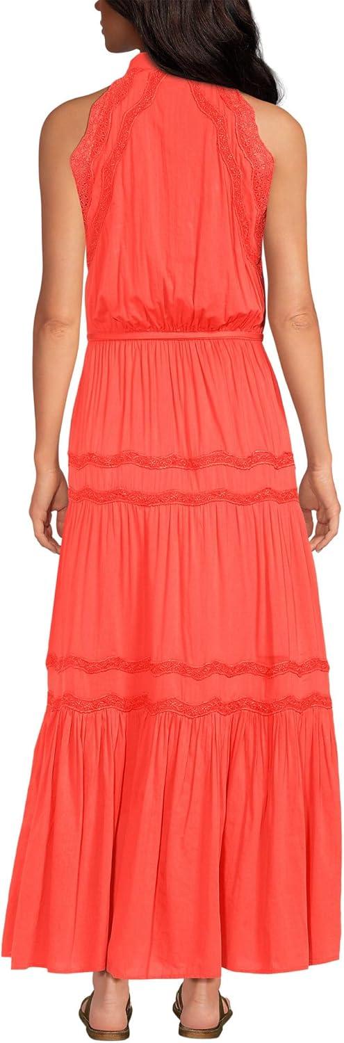 imageLands End Womens Cotton Voile Halter Tiered Maxi DressPop Orange Sherbert