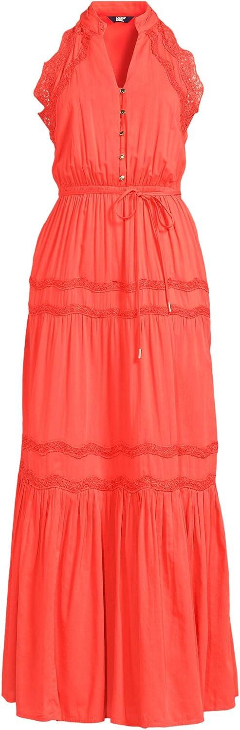imageLands End Womens Cotton Voile Halter Tiered Maxi DressPop Orange Sherbert