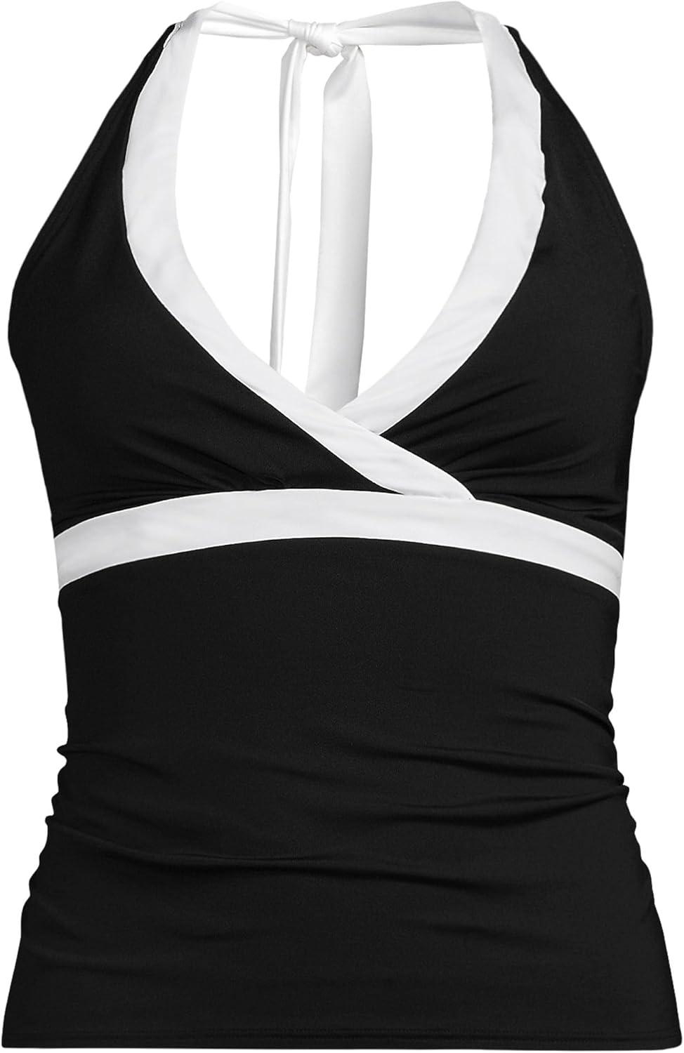 imageLands End Womens DCup Chlorine Resistant VNeck Halter Tankini Swimsuit TopBlackWhite