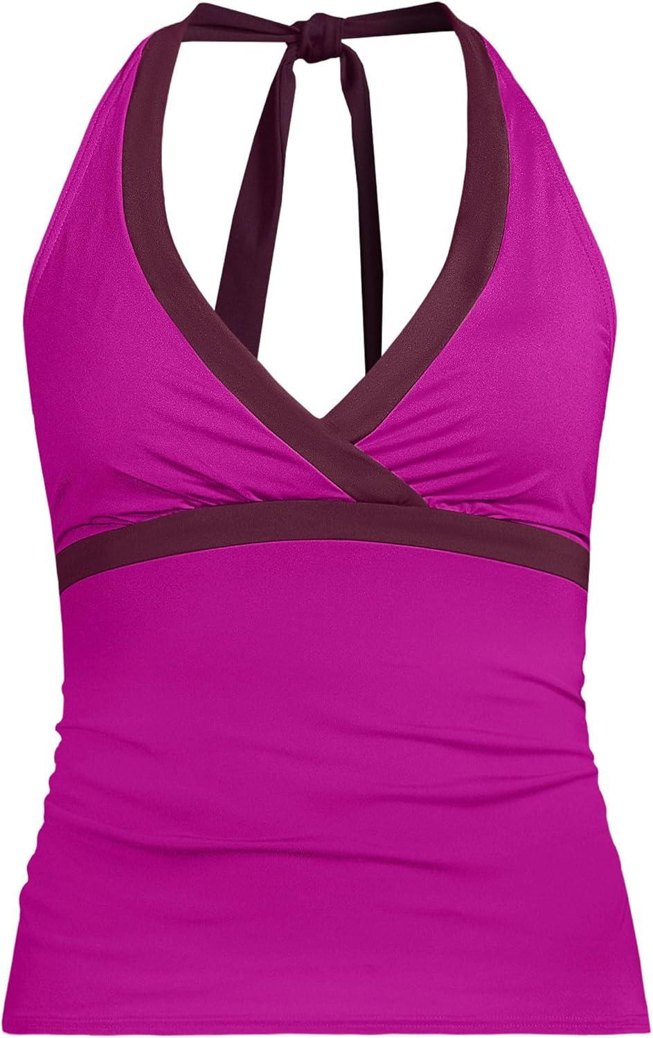imageLands End Womens DCup Chlorine Resistant VNeck Halter Tankini Swimsuit TopCrimson RoseDark Wine