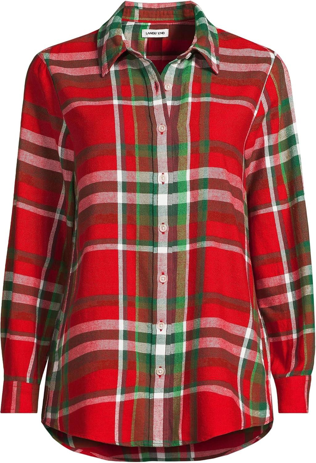 imageLands End Womens Flannel Boyfriend Fit Long Sleeve ShirtCompass RedEmerald Plaid