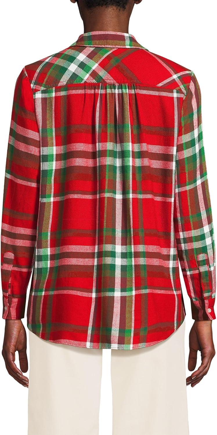 imageLands End Womens Flannel Boyfriend Fit Long Sleeve ShirtCompass RedEmerald Plaid