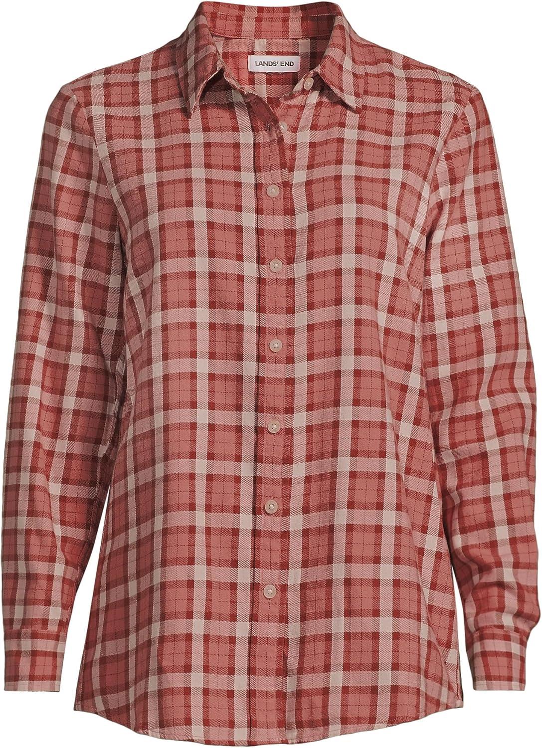 imageLands End Womens Flannel Boyfriend Fit Long Sleeve ShirtSea Coral Small Plaid