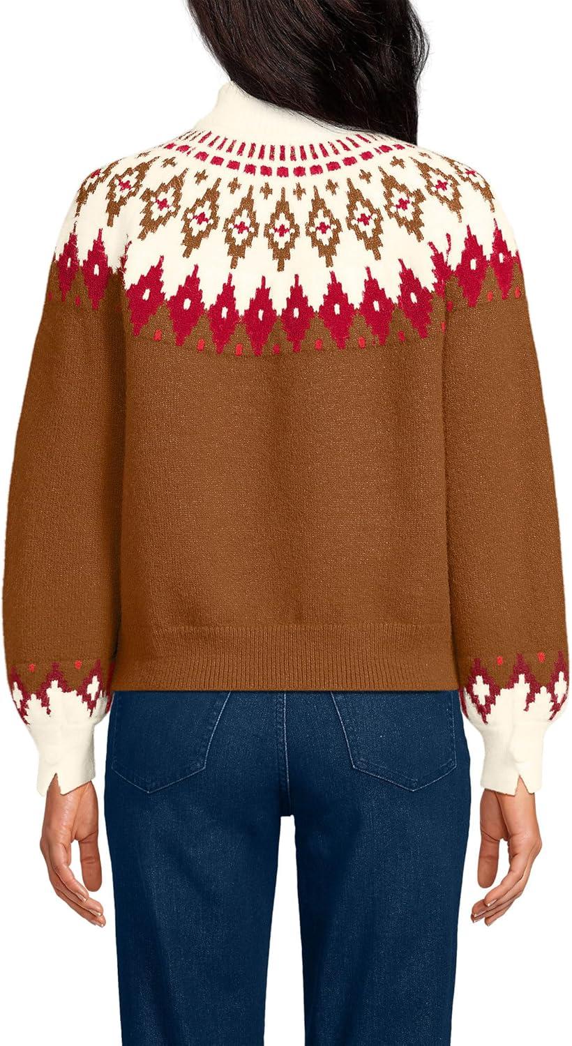 imageLands End Womens Fuzzy Turtleneck Lantern Sleeve Jacquard SweaterRich Ginger Brown Fairisle
