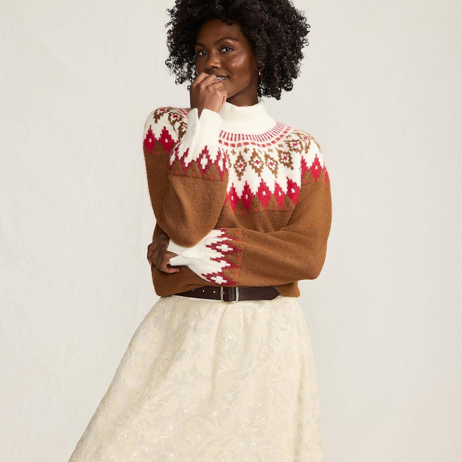 imageLands End Womens Fuzzy Turtleneck Lantern Sleeve Jacquard SweaterRich Ginger Brown Fairisle