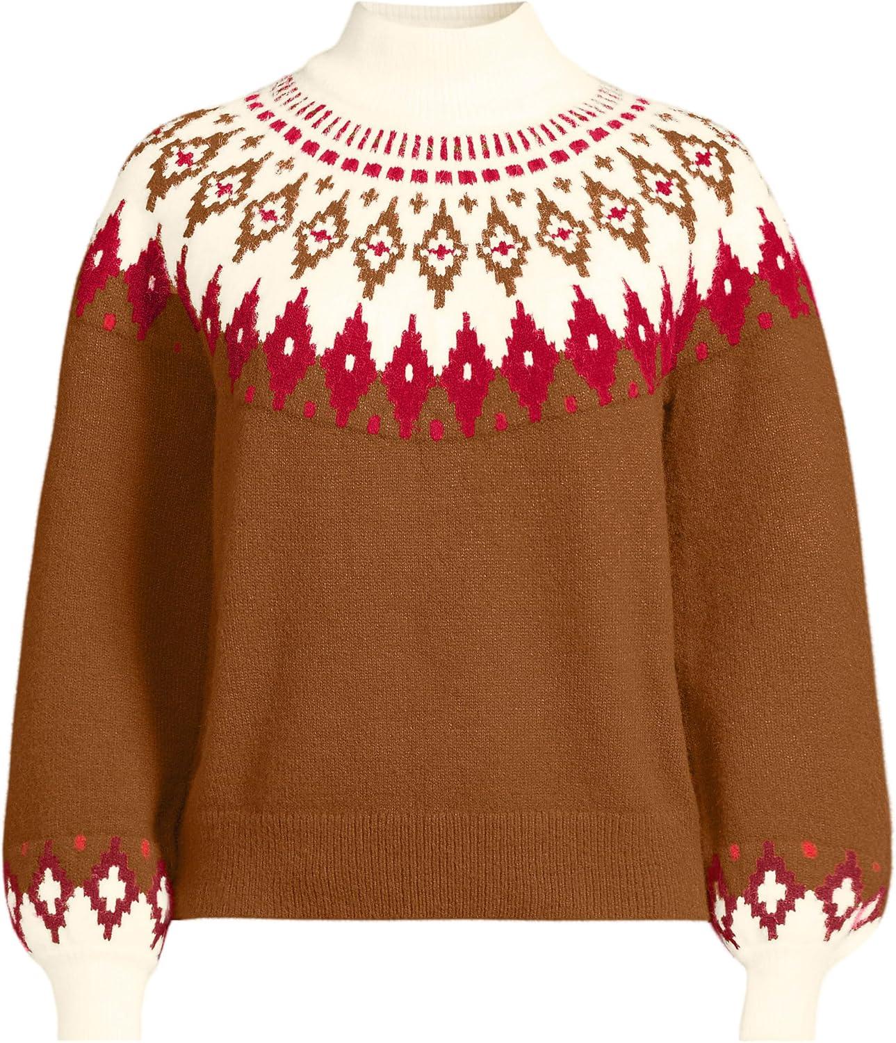 imageLands End Womens Fuzzy Turtleneck Lantern Sleeve Jacquard SweaterRich Ginger Brown Fairisle