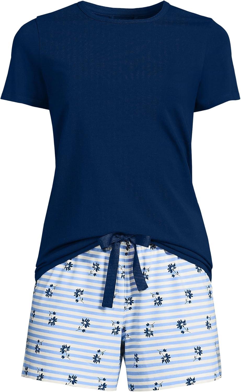 imageLands End Womens Knit Pajama Short Set Short Sleeve TShirt and ShortsIvory Stripe Floral
