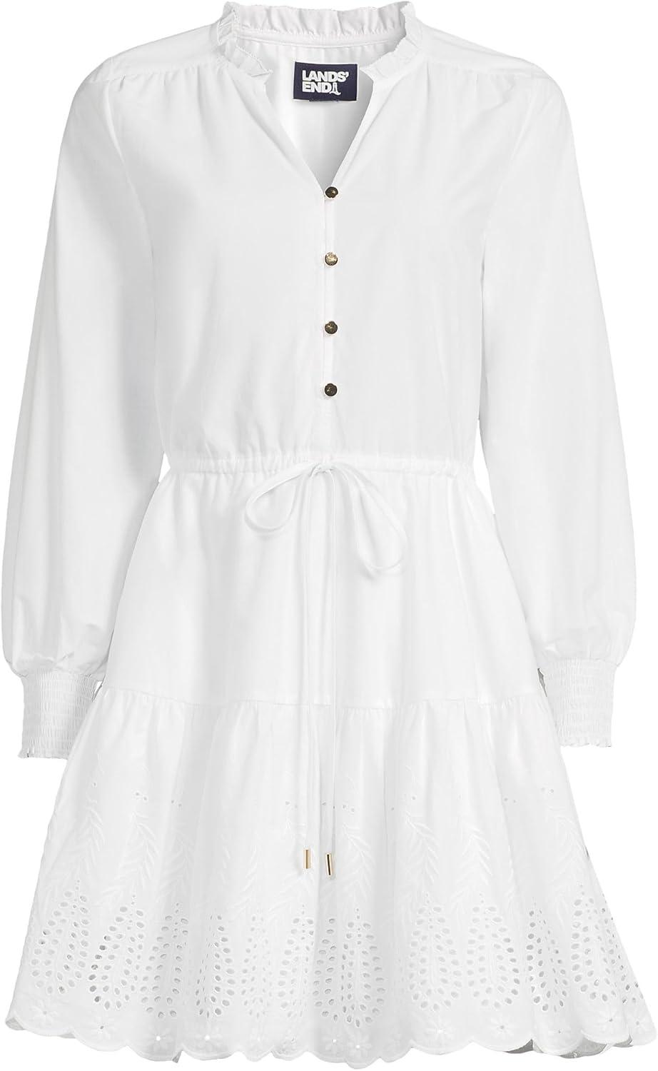 imageLands End Womens Long Sleeve Eyelet Mini Popover DressWhite Eyelet