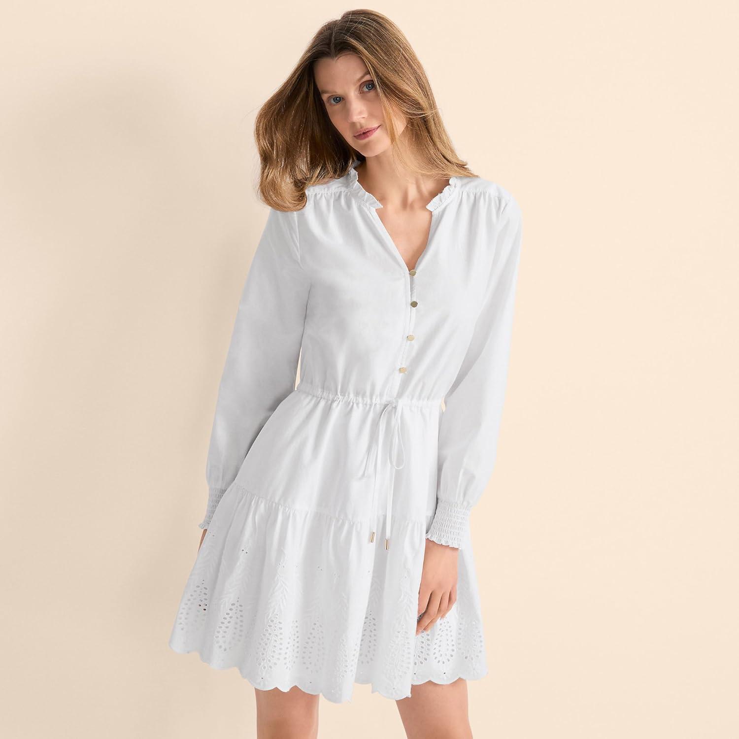 imageLands End Womens Long Sleeve Eyelet Mini Popover DressWhite Eyelet