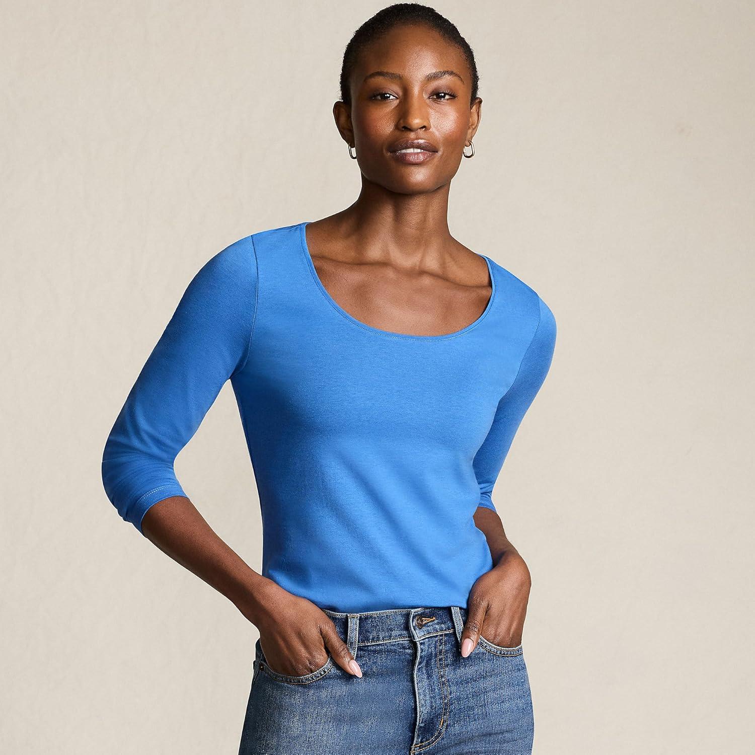imageLands End Womens Long Sleeve Lightweight Jersey Scoop Neck TShirtMuted Cobalt Blue