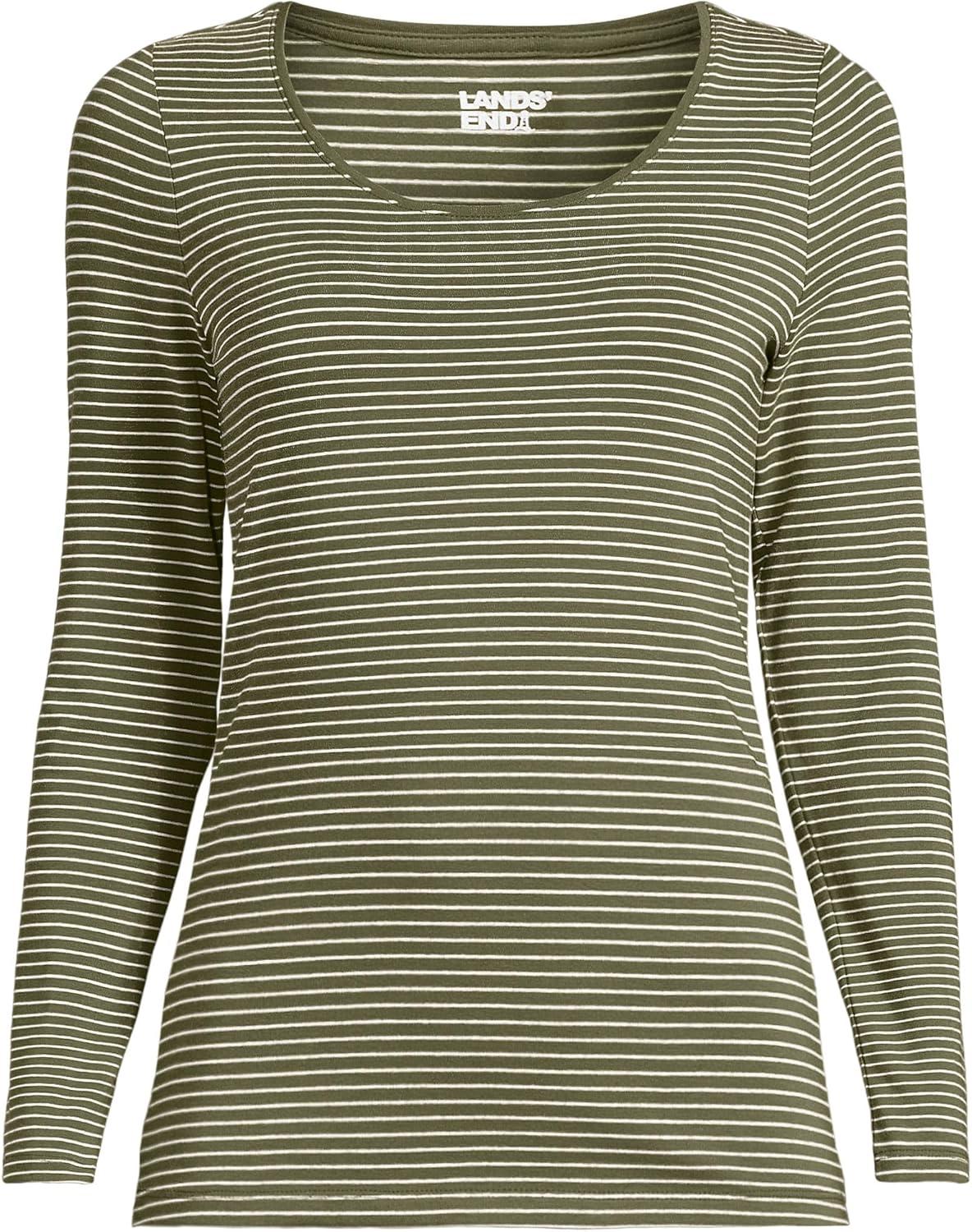 imageLands End Womens Long Sleeve Lightweight Jersey Scoop Neck TShirtOlive Drab Thin Stripe
