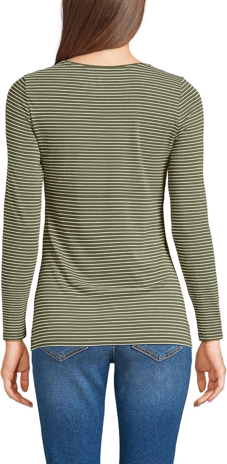 imageLands End Womens Long Sleeve Lightweight Jersey Scoop Neck TShirtOlive Drab Thin Stripe