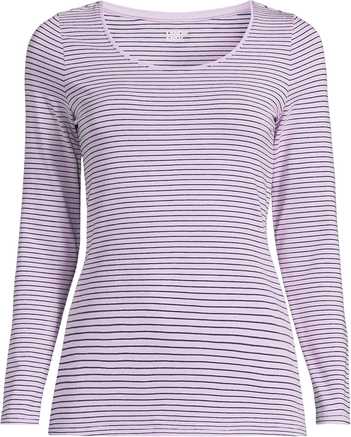 imageLands End Womens Long Sleeve Lightweight Jersey Scoop Neck TShirtWhisper LilacNavy Thin Stripe