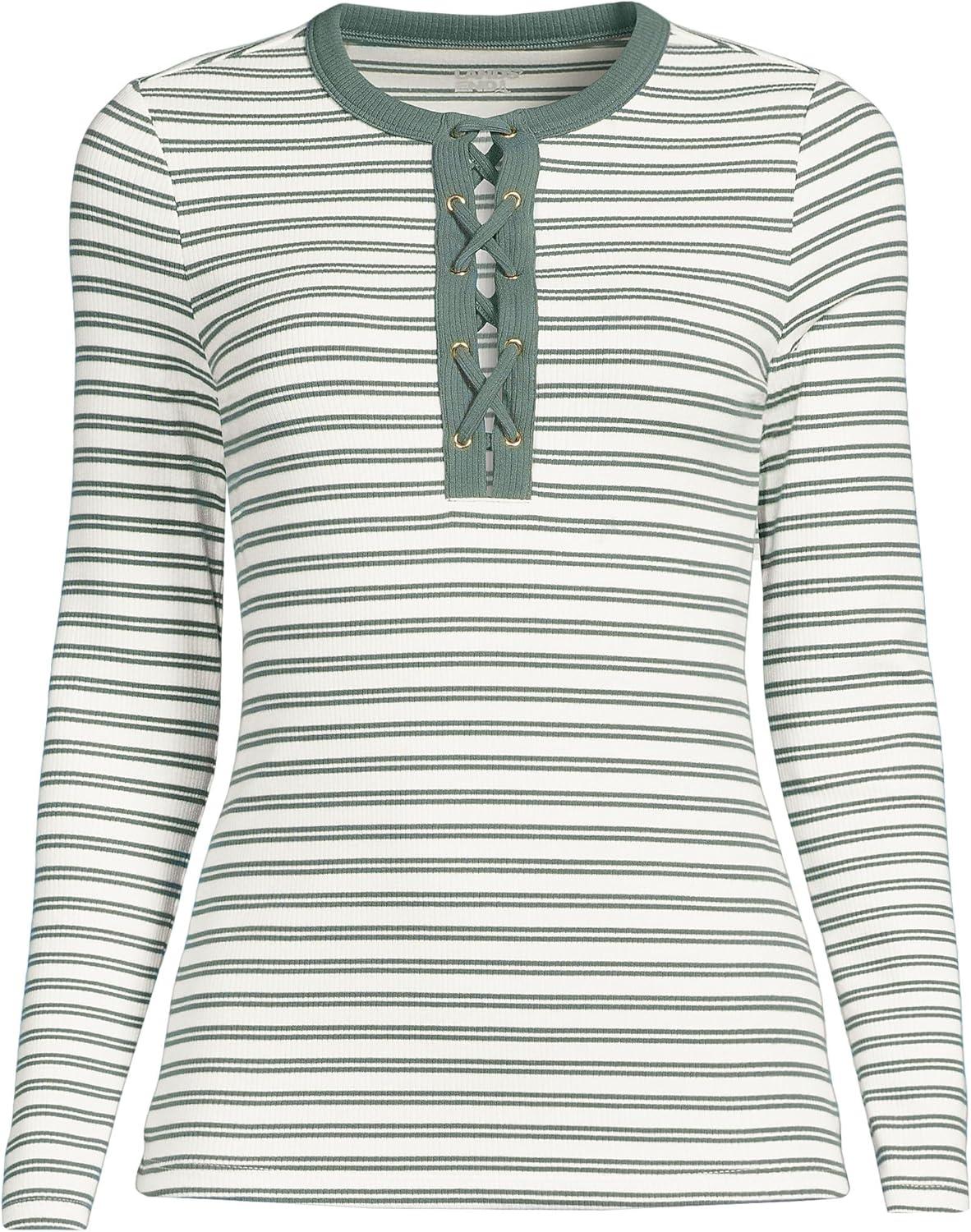 imageLands End Womens Polished Rib Tie Henley TopSpruce Dual Stripe