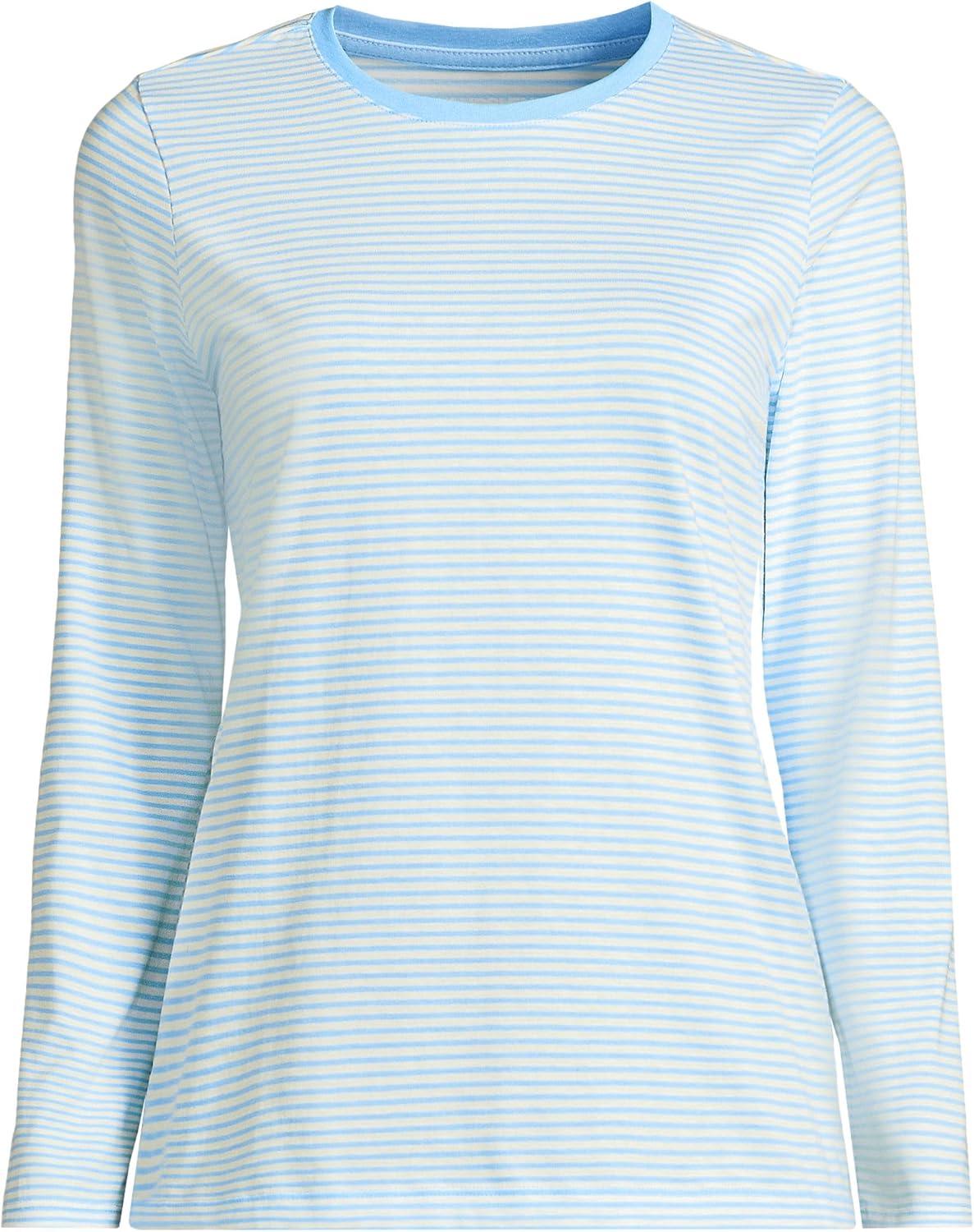 imageLands End Womens Relaxed AmericanGrown Supima Cotton Long Sleeve Crew Neck TShirtBermuda Blue Micro Stripe