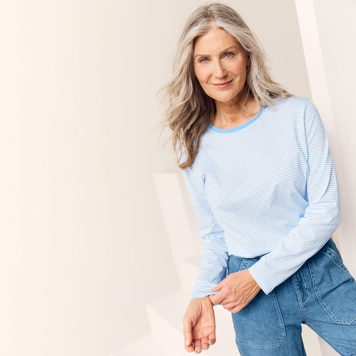 imageLands End Womens Relaxed AmericanGrown Supima Cotton Long Sleeve Crew Neck TShirtBermuda Blue Micro Stripe