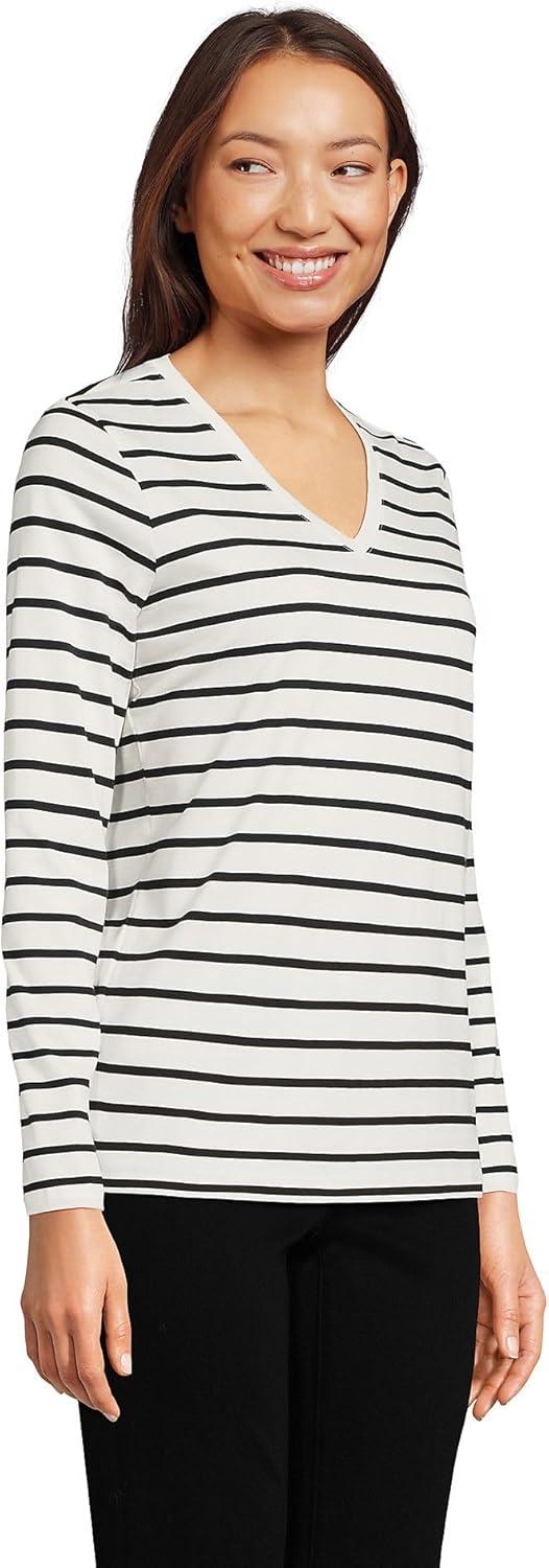 imageLands End Womens Relaxed AmericanGrown Supima Cotton Long Sleeve VNeck TShirtIvoryBlack Breton Stripe