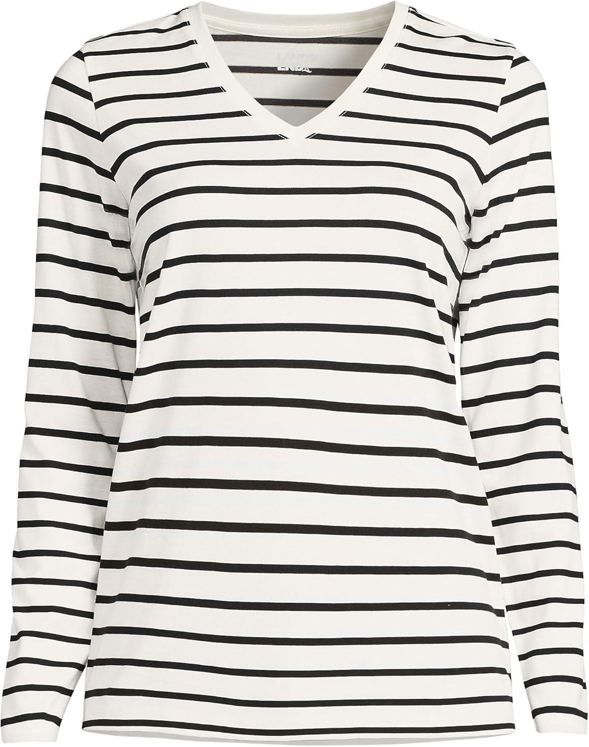 imageLands End Womens Relaxed AmericanGrown Supima Cotton Long Sleeve VNeck TShirtIvoryBlack Breton Stripe