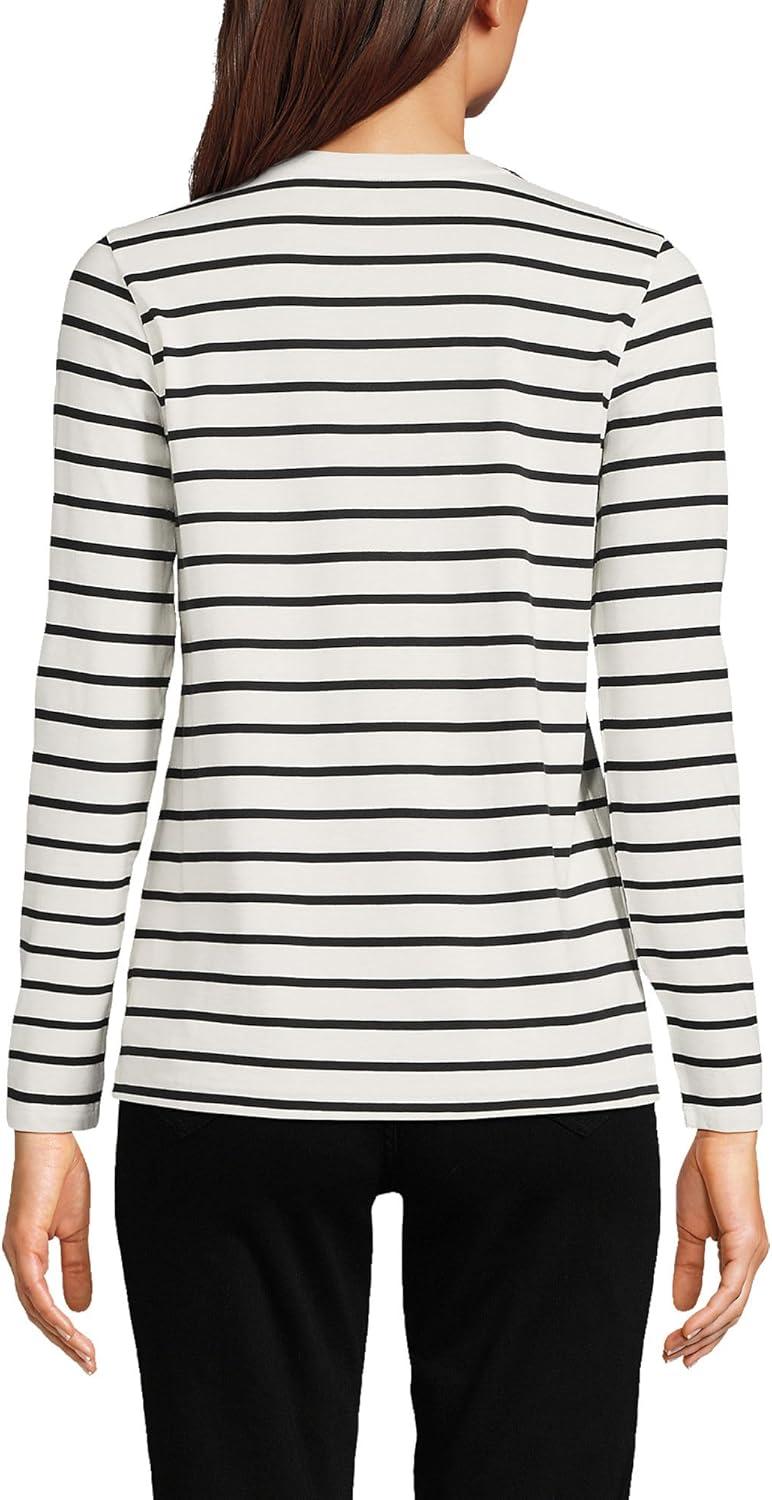 imageLands End Womens Relaxed AmericanGrown Supima Cotton Long Sleeve VNeck TShirtIvoryBlack Breton Stripe