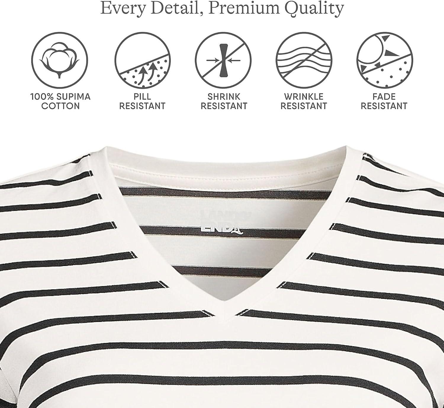 imageLands End Womens Relaxed AmericanGrown Supima Cotton Long Sleeve VNeck TShirtIvoryBlack Breton Stripe