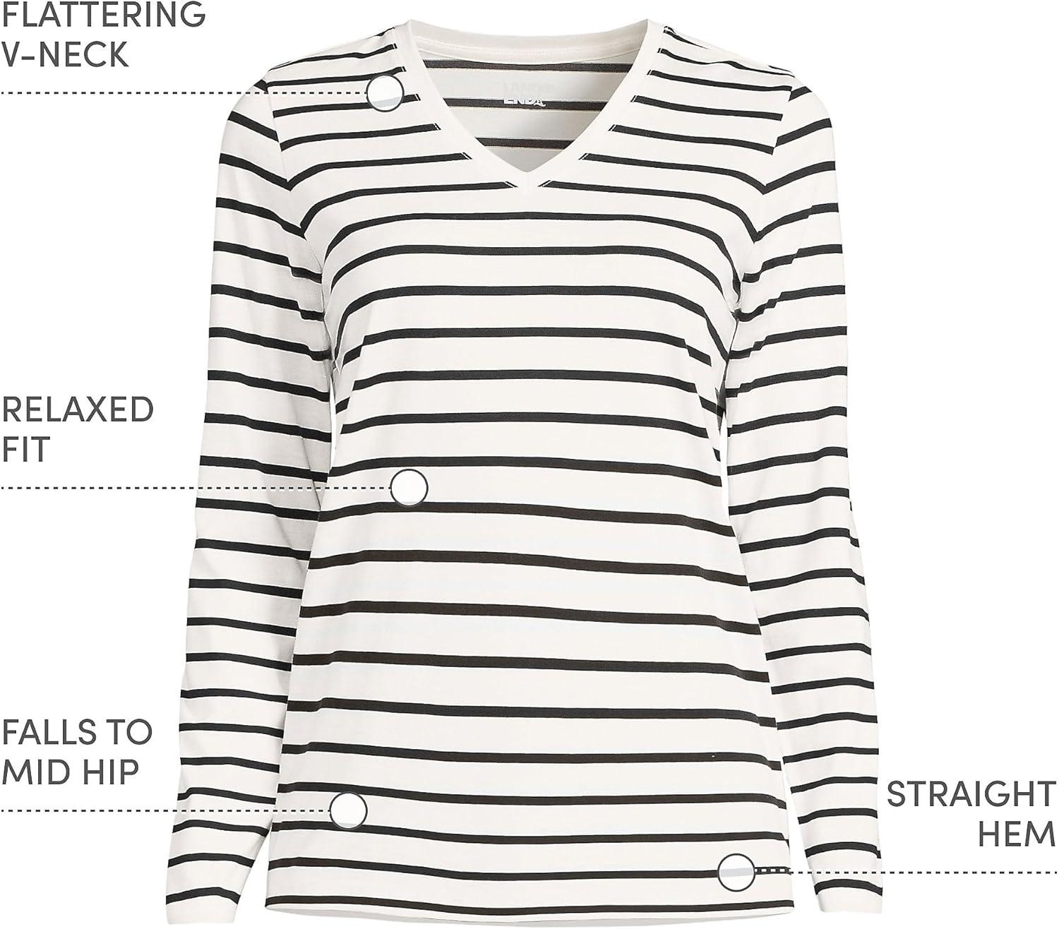imageLands End Womens Relaxed AmericanGrown Supima Cotton Long Sleeve VNeck TShirtIvoryBlack Breton Stripe
