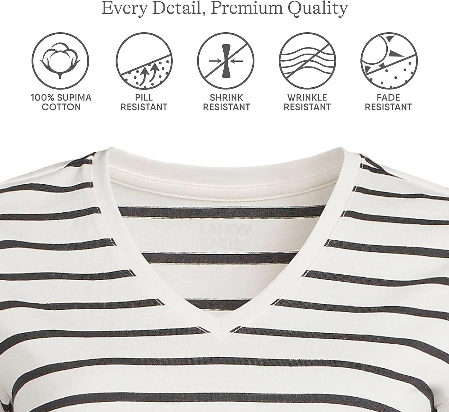 imageLands End Womens Relaxed AmericanGrown Supima Cotton VNeck TShirtIvoryBlack Breton Stripe