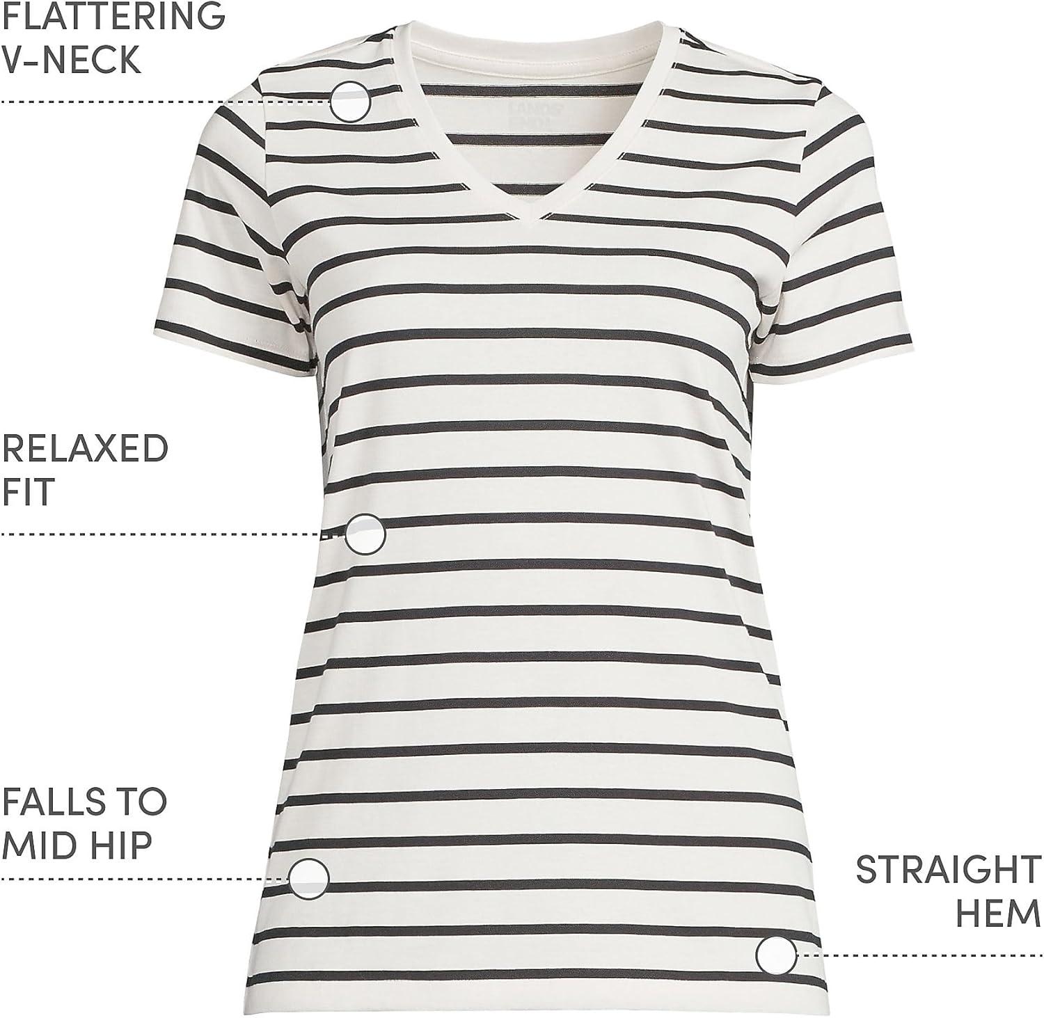 imageLands End Womens Relaxed AmericanGrown Supima Cotton VNeck TShirtIvoryBlack Breton Stripe