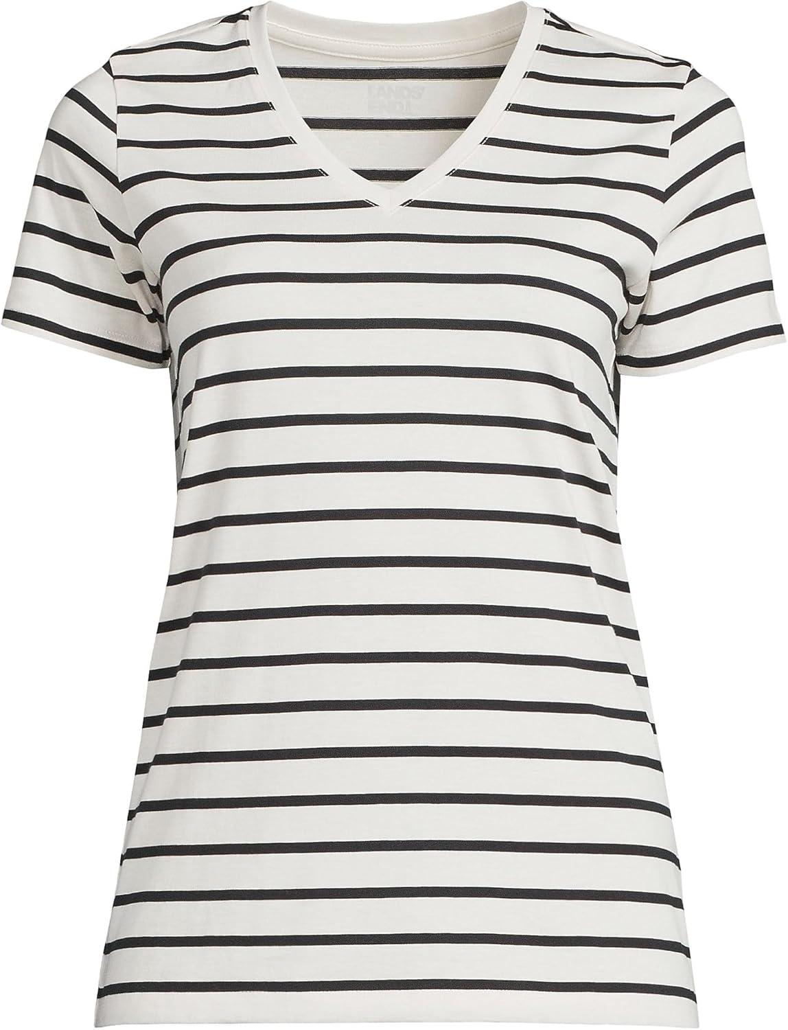 imageLands End Womens Relaxed AmericanGrown Supima Cotton VNeck TShirtIvoryBlack Breton Stripe