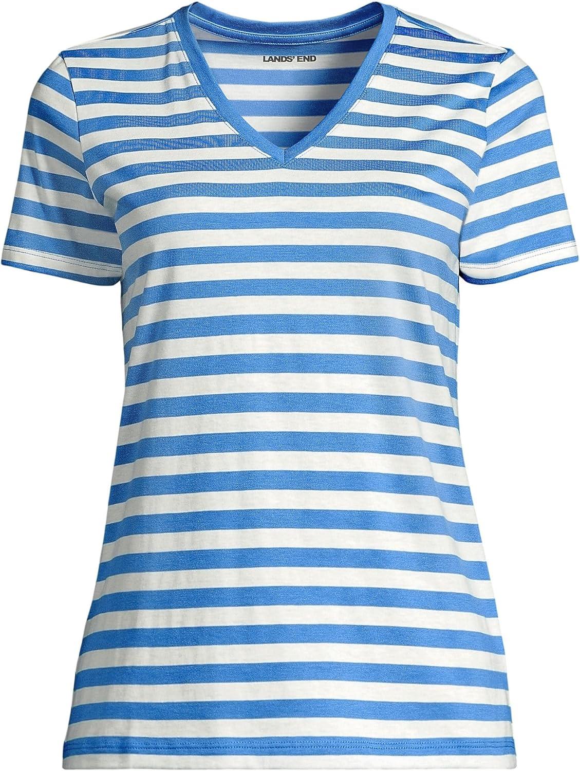 imageLands End Womens Relaxed AmericanGrown Supima Cotton VNeck TShirtMuted Cobalt Even Stripe