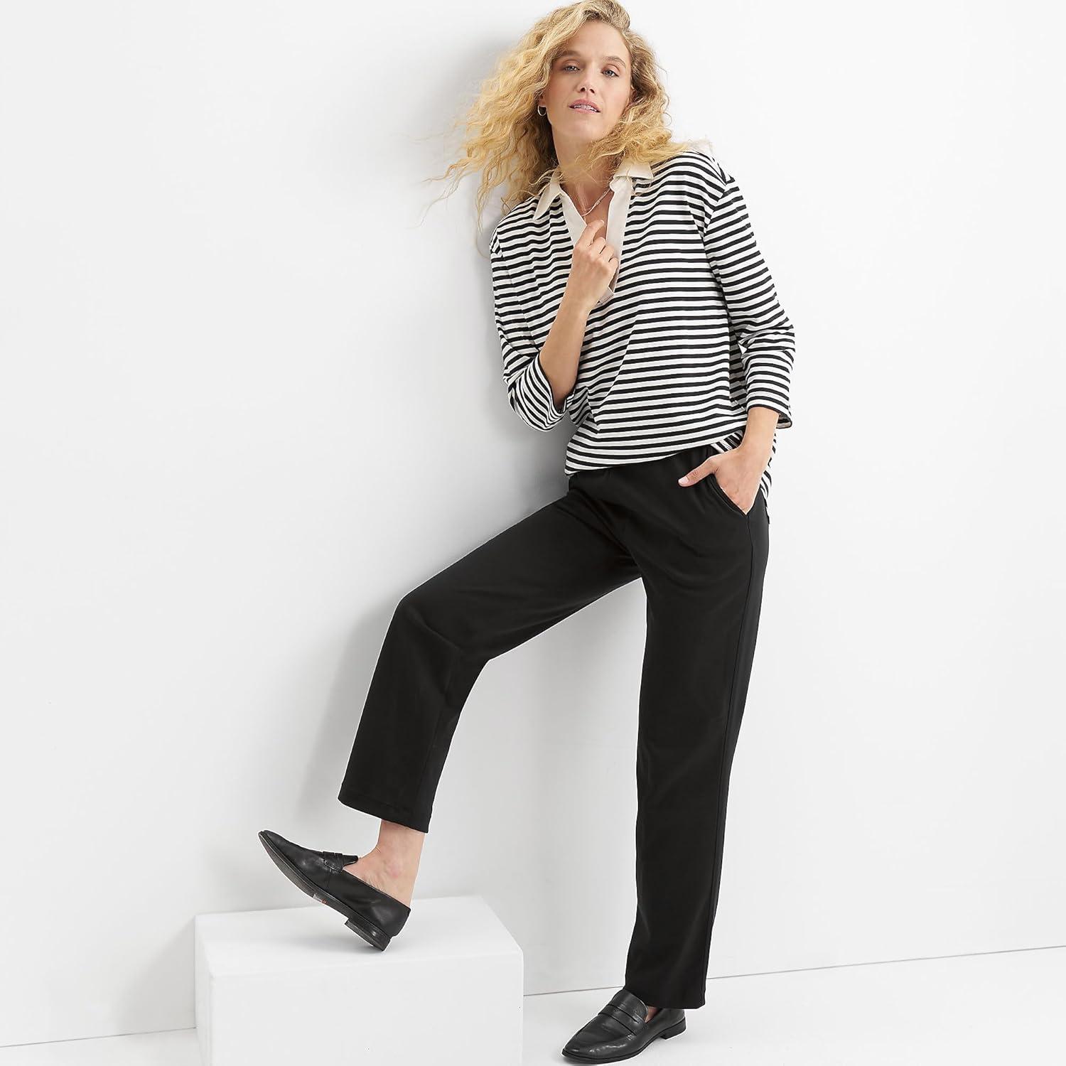 imageLands End Womens Relaxed Fit Sport Knit High Rise Pants Soft Cotton PullOn with Elastic WaistBlack