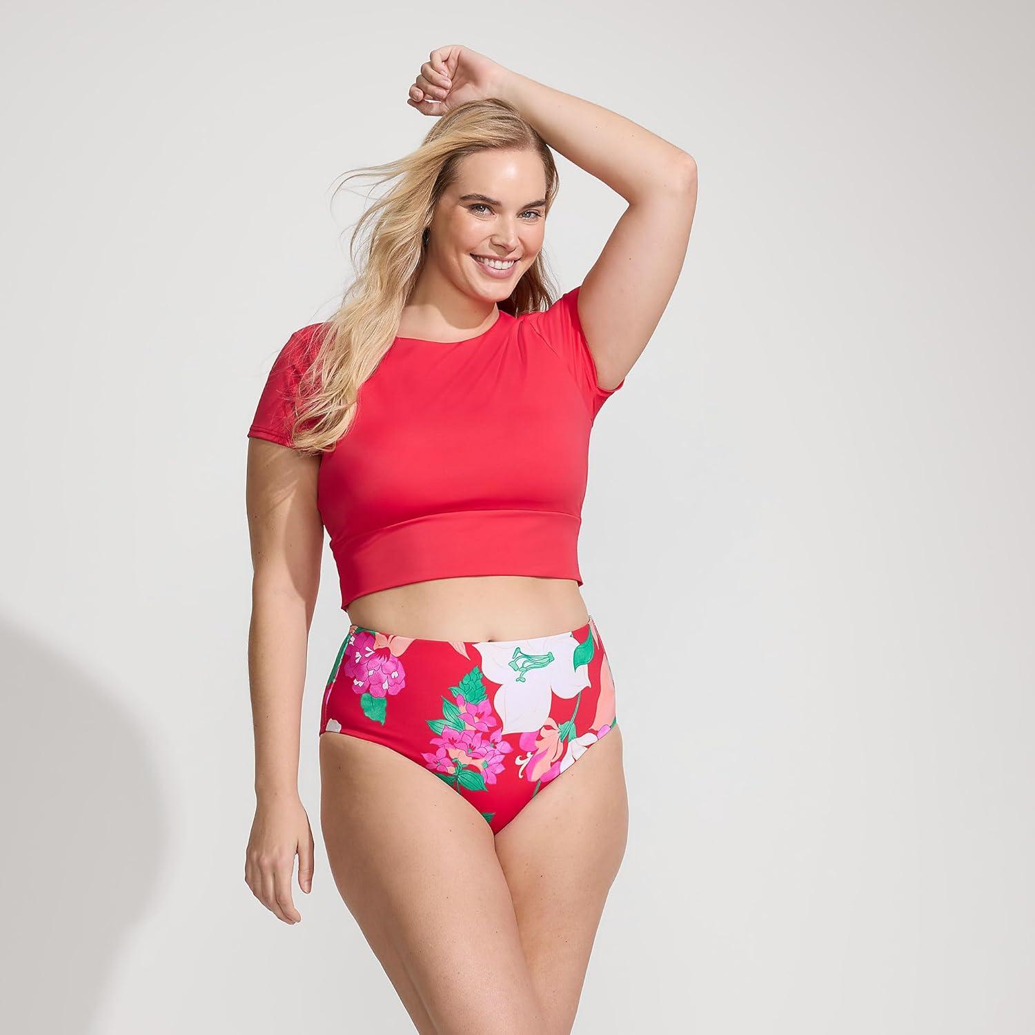 imageLands End Womens Ribbed Smoothing High Waisted Bikini BottomsCoral Rose Lilies