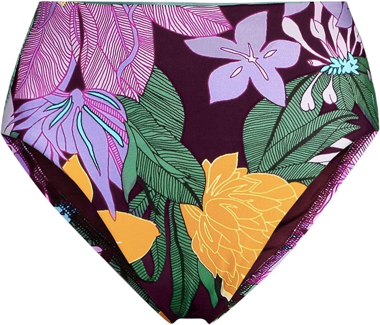 imageLands End Womens Ribbed Smoothing High Waisted Bikini BottomsDark Wine Multi Floral Blooms
