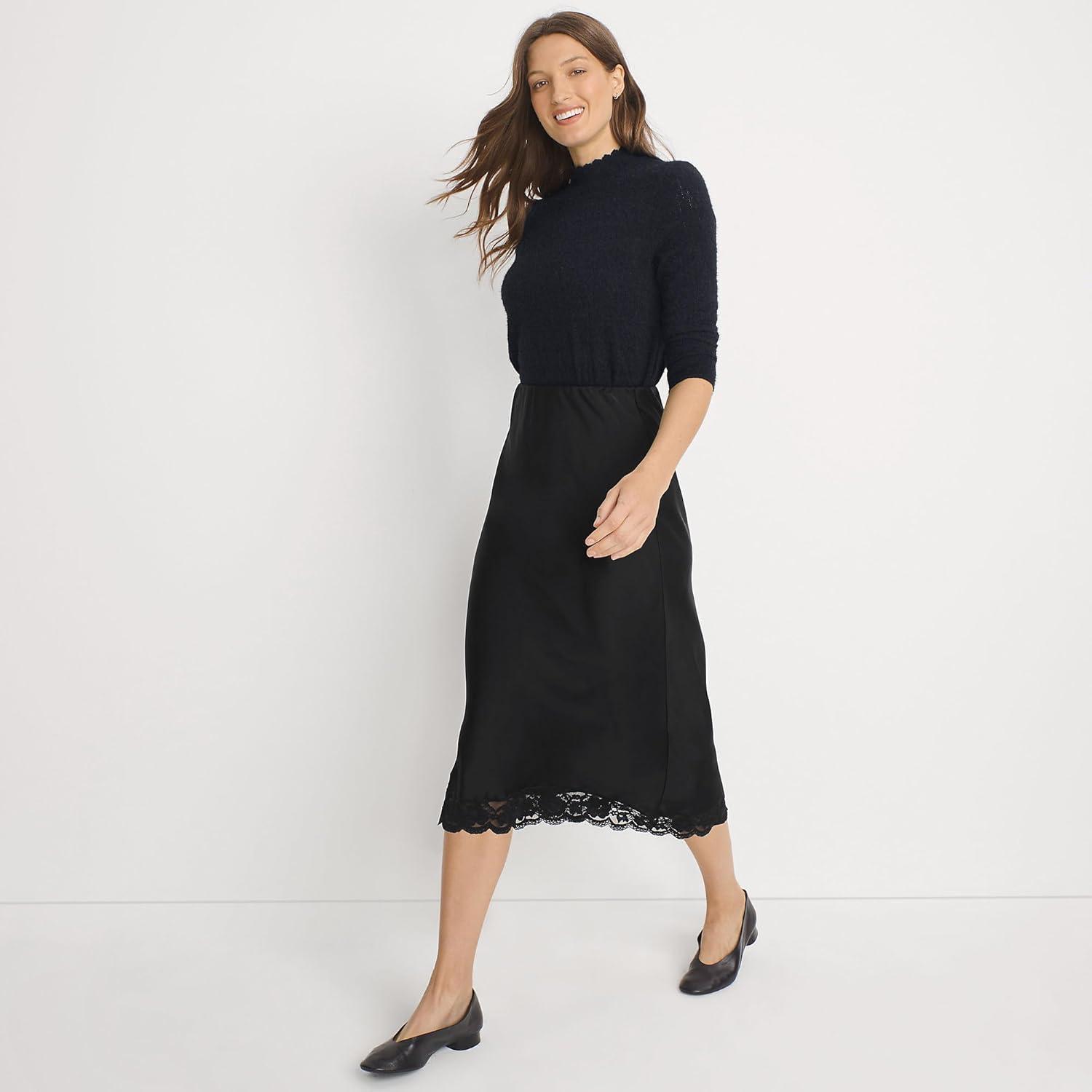 imageLands End Womens Satin Lace Trim Midi SkirtBlack