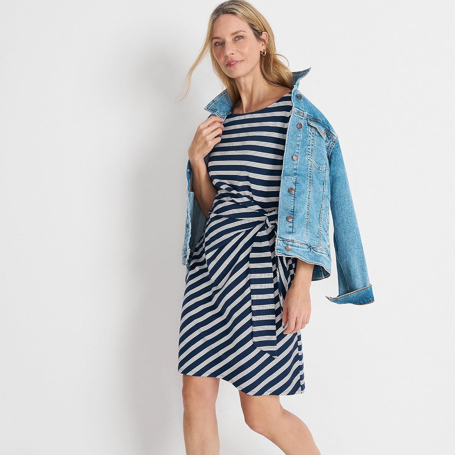 imageLands End Womens Short Sleeve Cotton Modal Wrap Mini DressDeep Sea Navy Quad Stripe
