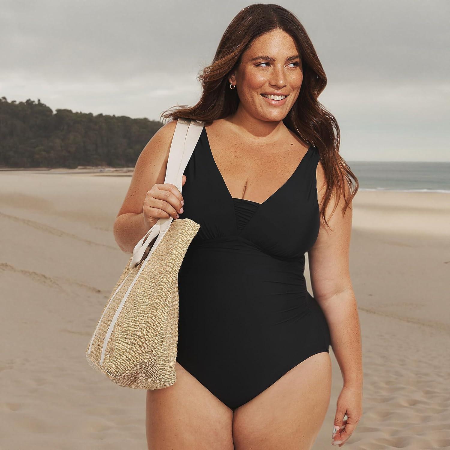 imageLands End Womens SlenderSuit Grecian Tummy Control Chlorine Resistant One Piece SwimsuitBlack