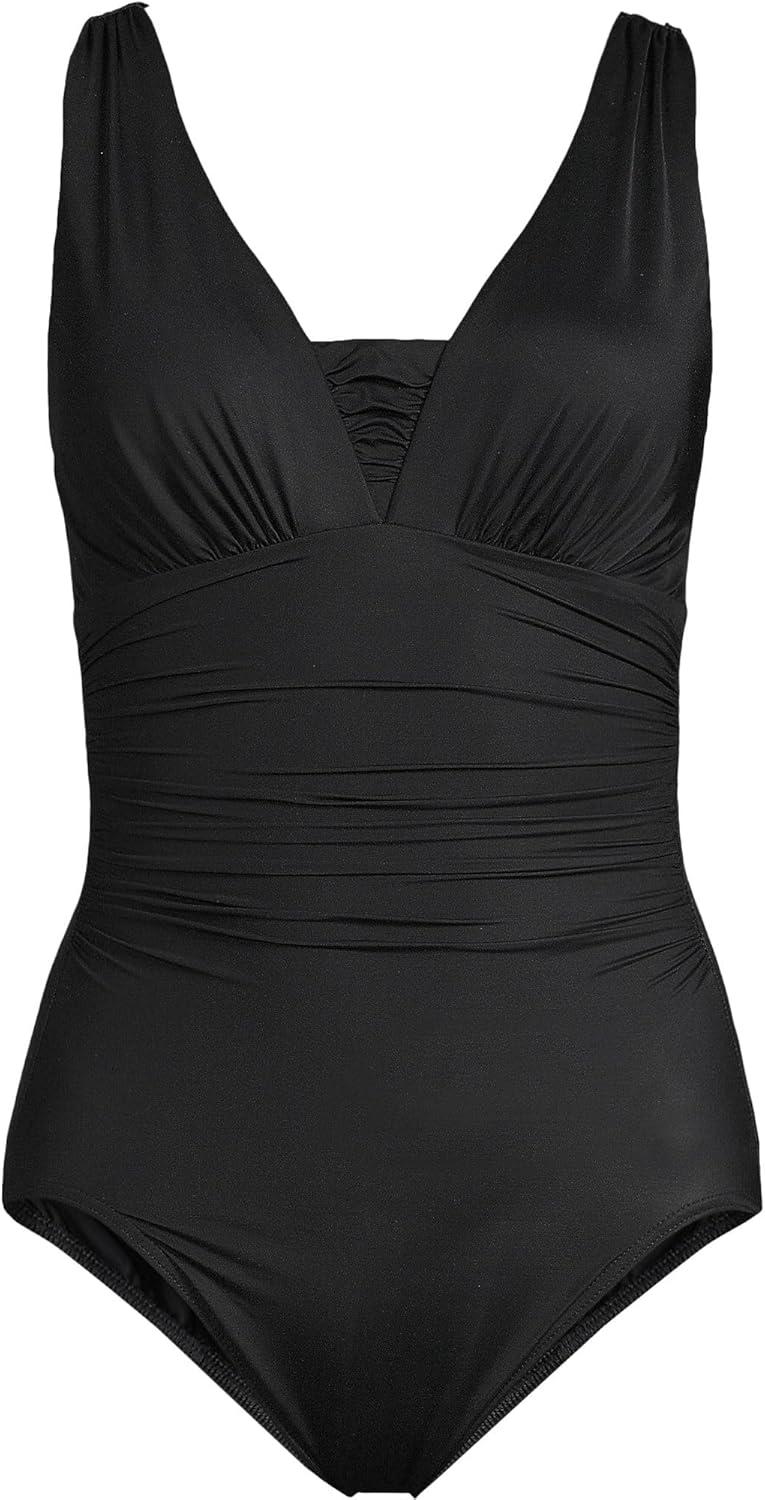 imageLands End Womens SlenderSuit Grecian Tummy Control Chlorine Resistant One Piece SwimsuitBlack