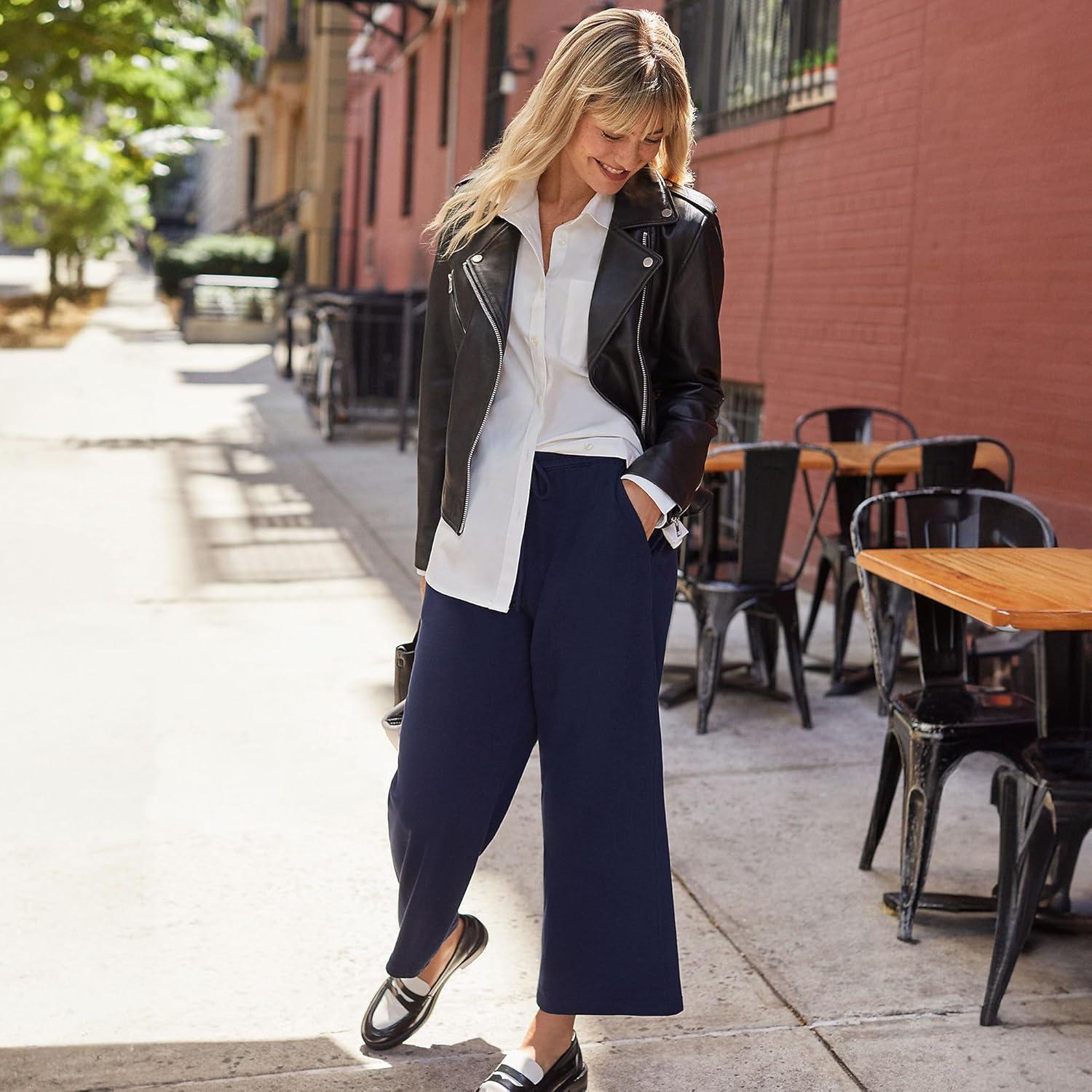 imageLands End Womens Sport Knit Pull On Drawstring Wide Leg Crop PantsRadiant Navy