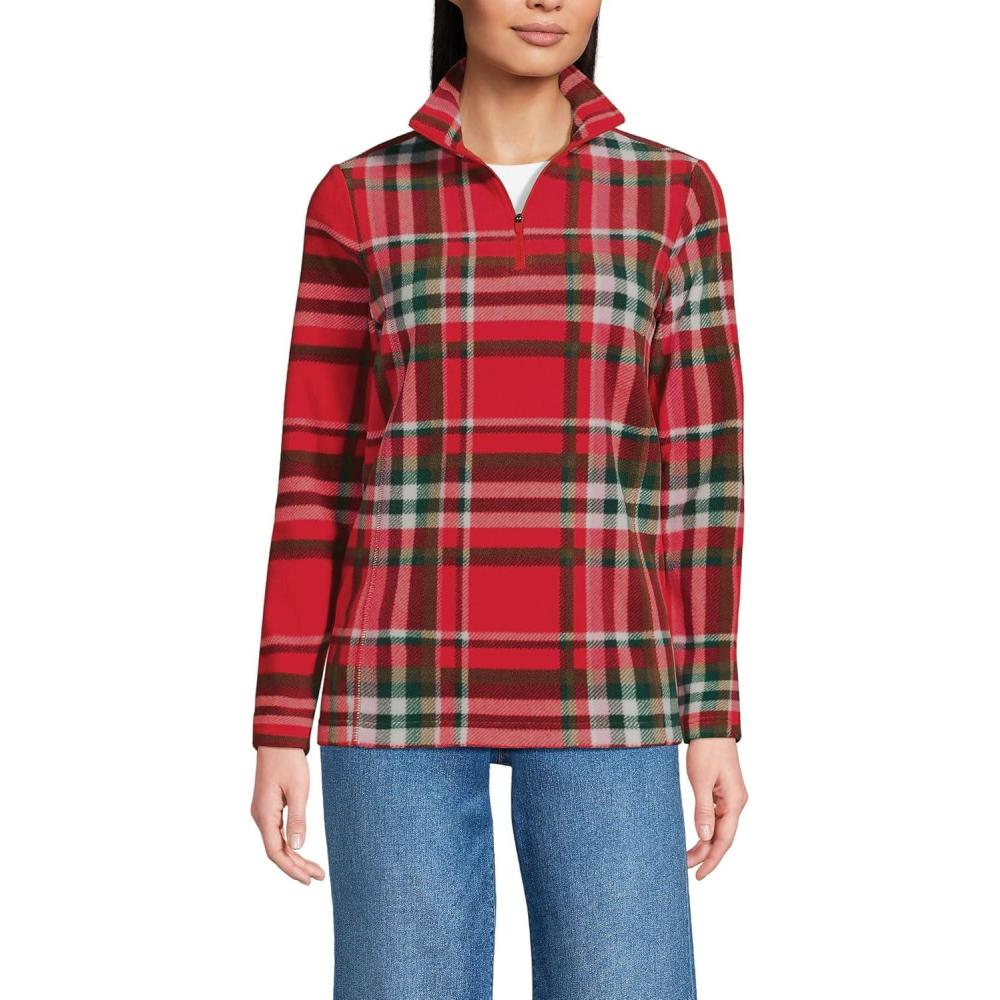 imageLands End Anyweather Fleece Quarter Zip PulloverCompass Red Holiday Plaid