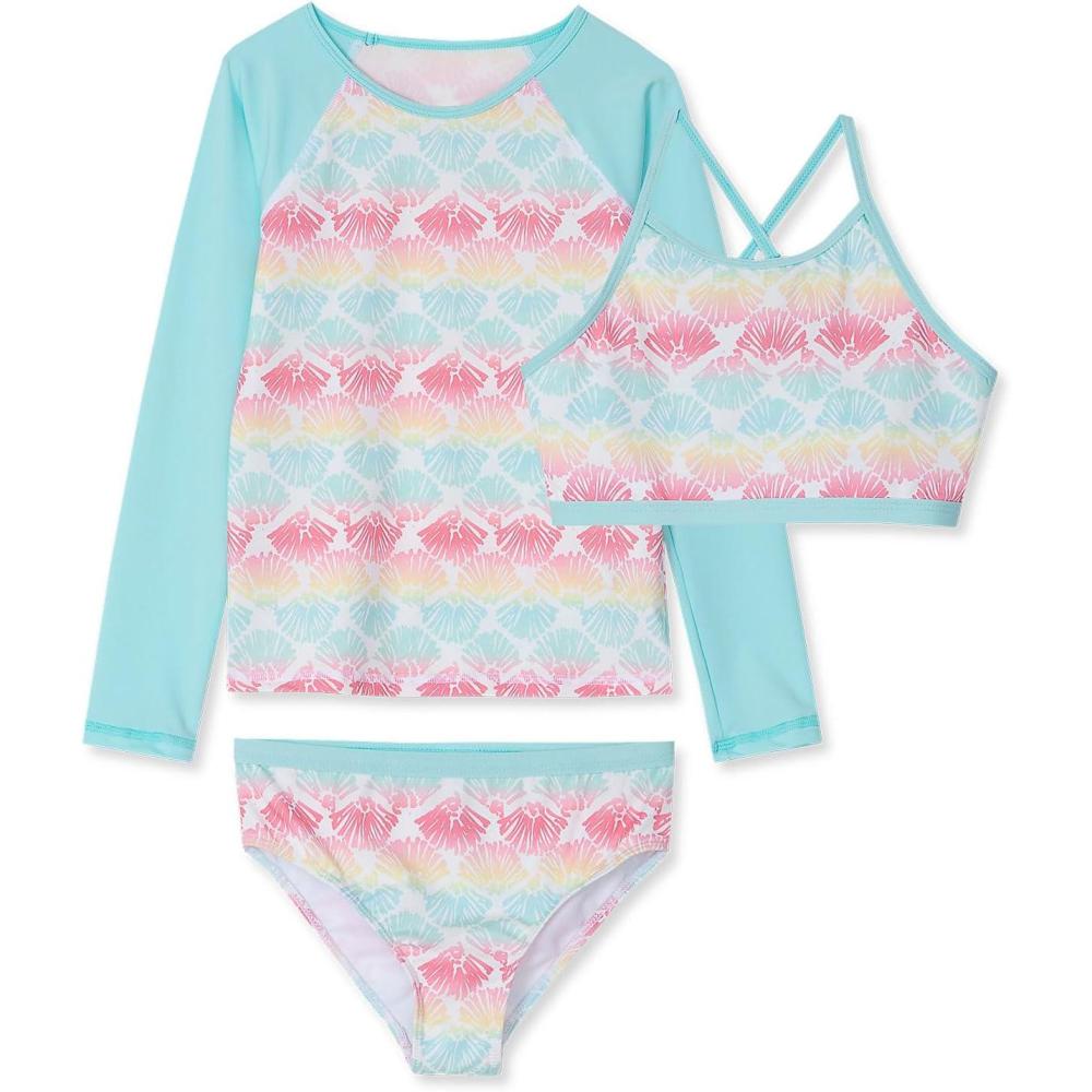 imageLands End Big Girls 3 Piece UPF 50 Sun Protection Rash Guard SetWater BluePastel Shells