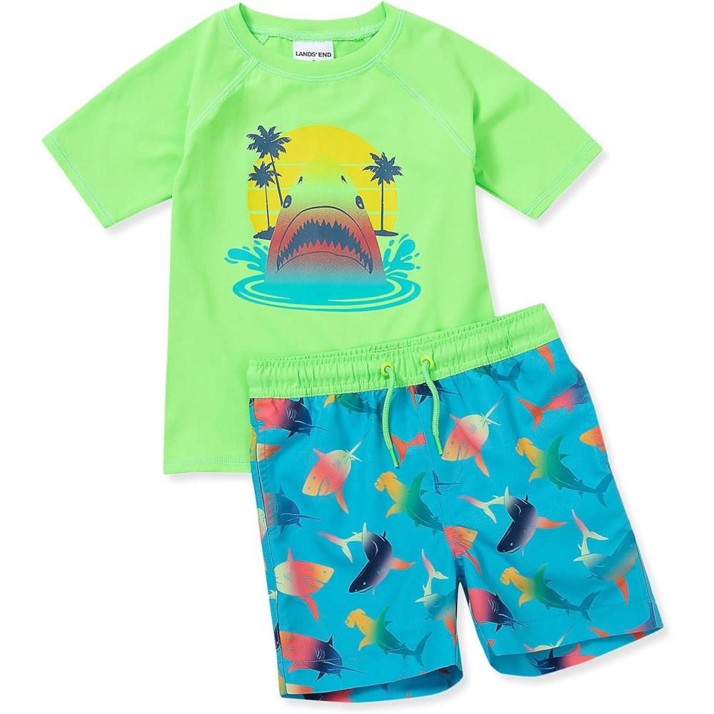 imageLands End Boys Chlorine Resistant Short Sleeve UPF 50 Rash Guard Swim Trunk SetNeon Green Sharks