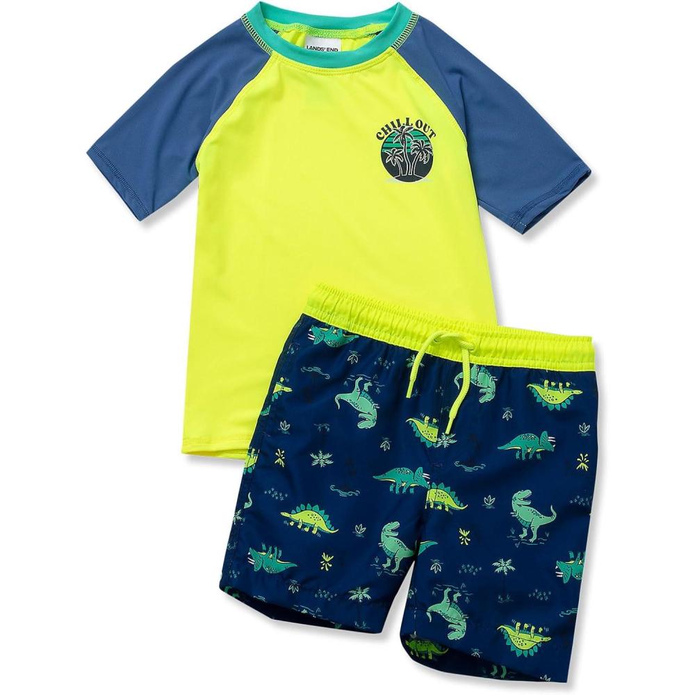 imageLands End Boys Chlorine Resistant Short Sleeve UPF 50 Rash Guard Swim Trunk SetNeon Yellow Little Dinos