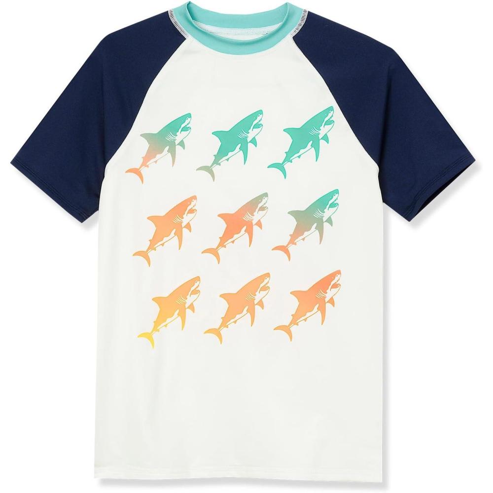 imageLands End Boys Husky Short Sleeve UPF 50 Sun Protection Rash GuardBeach Glass Sharks
