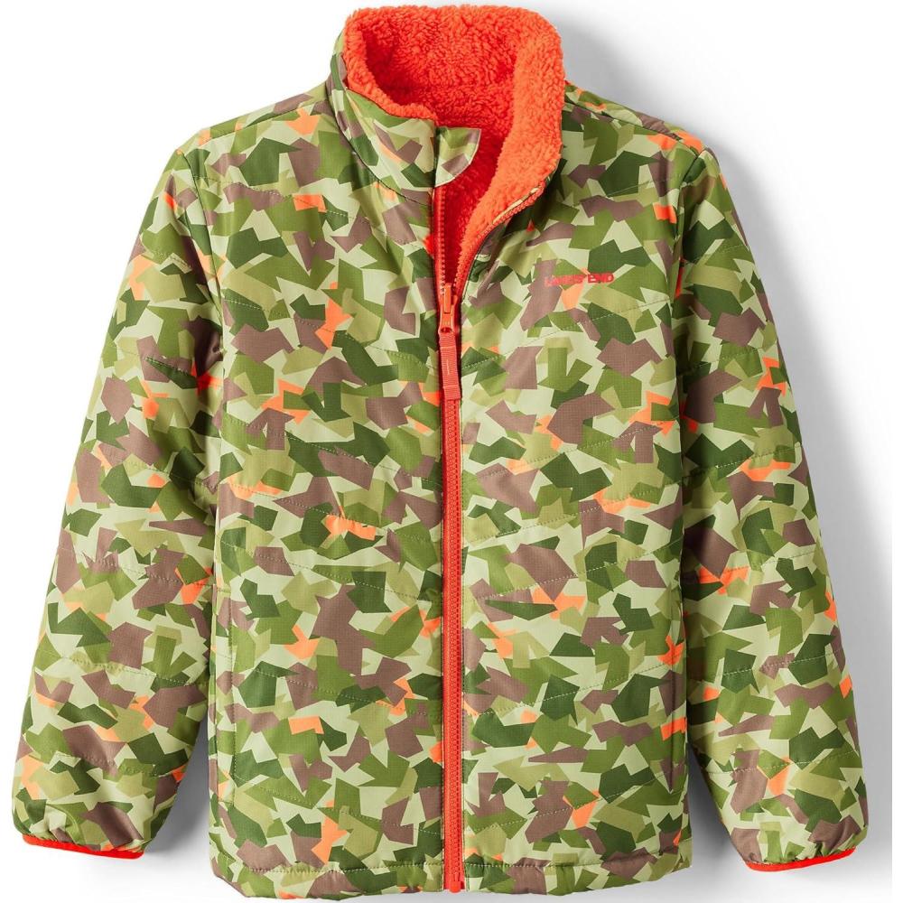 imageLands End Boys Reversible Fleece Puffer JacketGreen Orange Geometric Print
