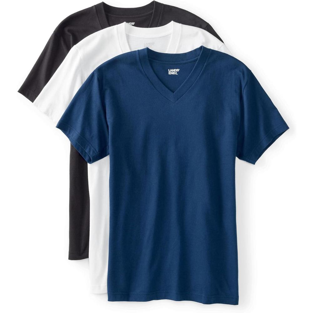 imageLands End Essentials Mens VNeck TShirt 3 Pack Premium Cotton Tee Casual Regular FitMulti 3 Pack