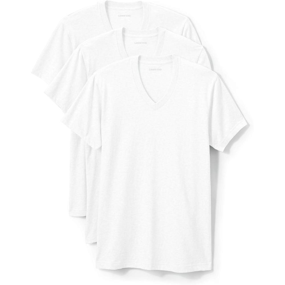 imageLands End Essentials Mens VNeck TShirt 3 Pack Premium Cotton Tee Casual Regular FitWhite