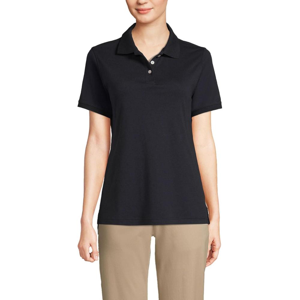 imageLands End Essentials Womens Short Sleeve All Day Comfort Polo Shirt  100 Cotton Wont Shrink Pill FadeBlack