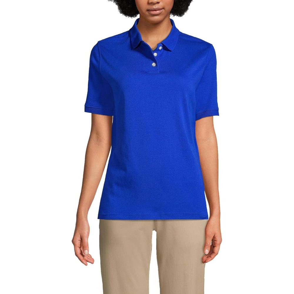 imageLands End Essentials Womens Short Sleeve All Day Comfort Polo Shirt  100 Cotton Wont Shrink Pill FadeCobalt