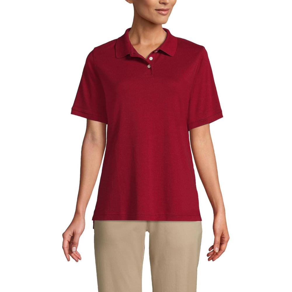 imageLands End Essentials Womens Short Sleeve All Day Comfort Polo Shirt  100 Cotton Wont Shrink Pill FadeGarnet