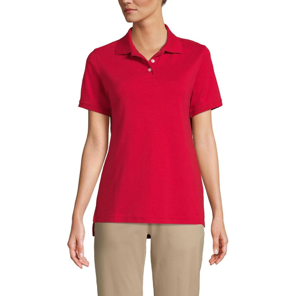 imageLands End Essentials Womens Short Sleeve All Day Comfort Polo Shirt  100 Cotton Wont Shrink Pill FadeRed