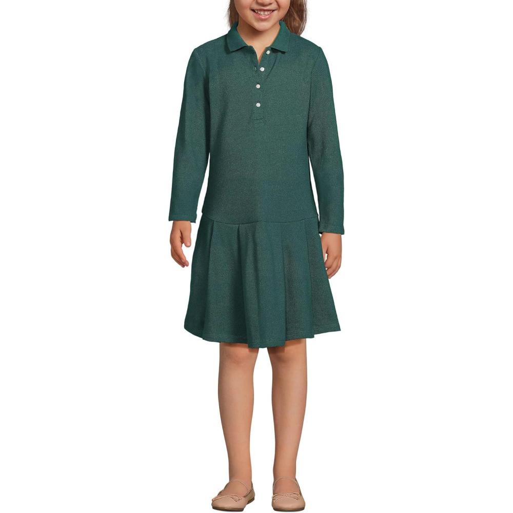 imageLands End Girls Long Sleeve Mesh Pleated Polo DressEvergreen